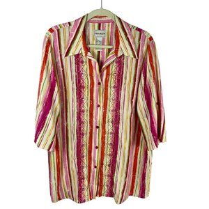 Napa Valley Linen Blend Button Up Shirt Women XL White Pink Stripe Embroidery